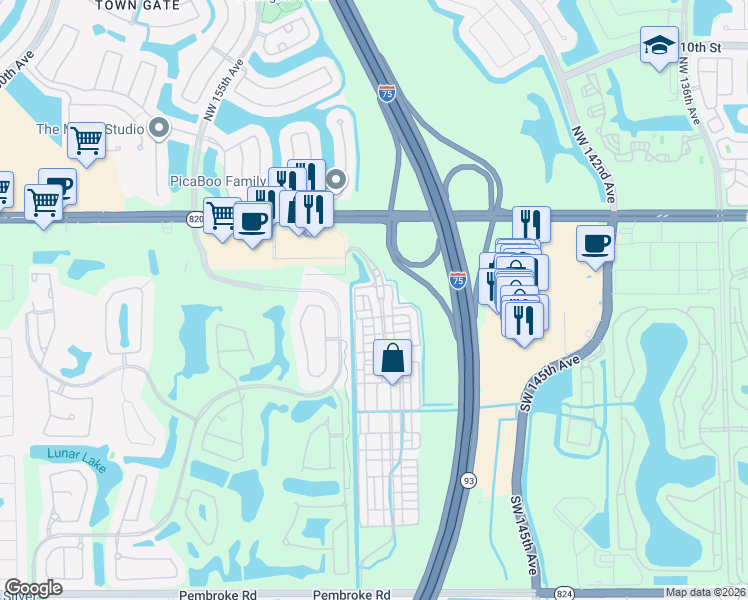 map of restaurants, bars, coffee shops, grocery stores, and more near 482 Southwest 148th Avenue in Pembroke Pines