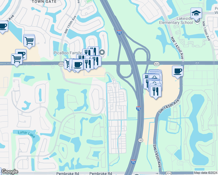 map of restaurants, bars, coffee shops, grocery stores, and more near 14731 Southwest 5th Street in Pembroke Pines