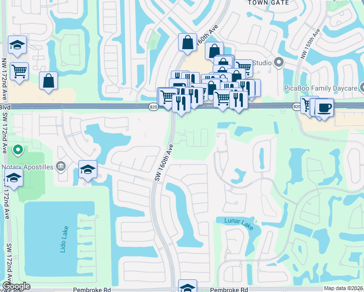 map of restaurants, bars, coffee shops, grocery stores, and more near 15989 Southwest 3rd Street in Pembroke Pines