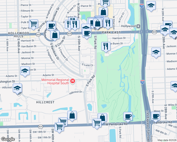 map of restaurants, bars, coffee shops, grocery stores, and more near 812 South Park Road in Hollywood