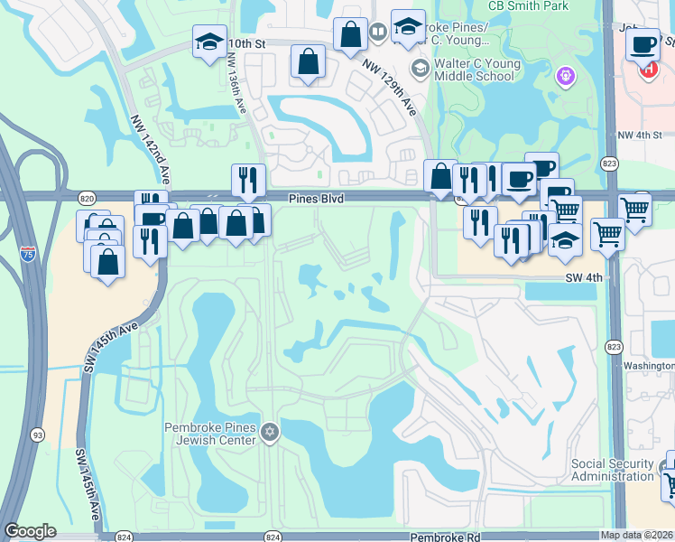 map of restaurants, bars, coffee shops, grocery stores, and more near 400 Southwest 134th Way in Pembroke Pines