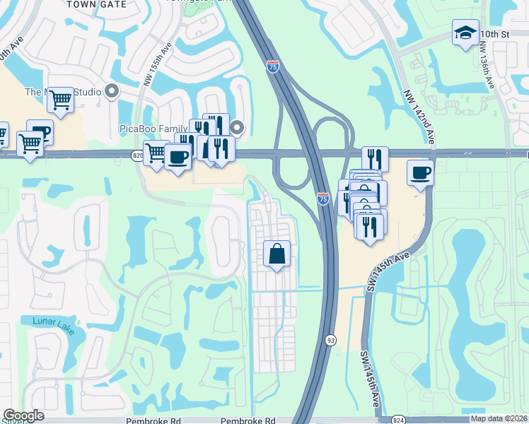 map of restaurants, bars, coffee shops, grocery stores, and more near 482 Southwest 148th Avenue in Pembroke Pines