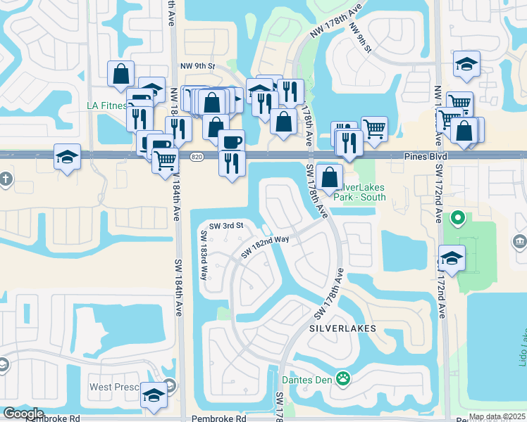 map of restaurants, bars, coffee shops, grocery stores, and more near 18239 Southwest 3rd Street in Pembroke Pines