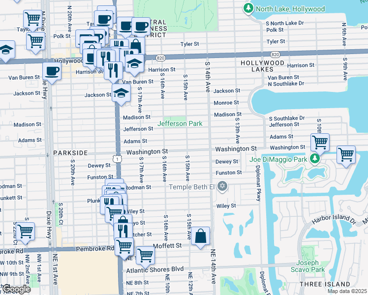 map of restaurants, bars, coffee shops, grocery stores, and more near 1510 Washington Street in Hollywood