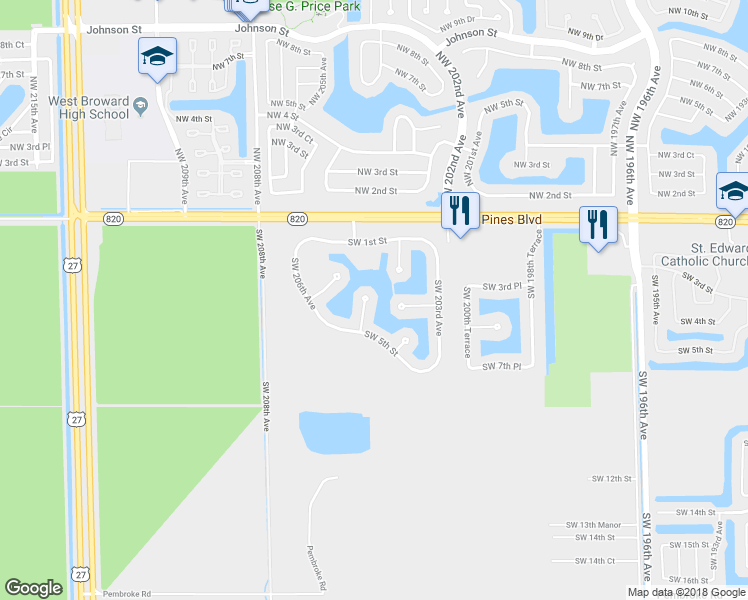 map of restaurants, bars, coffee shops, grocery stores, and more near 395 Southwest 205th Avenue in Hollywood