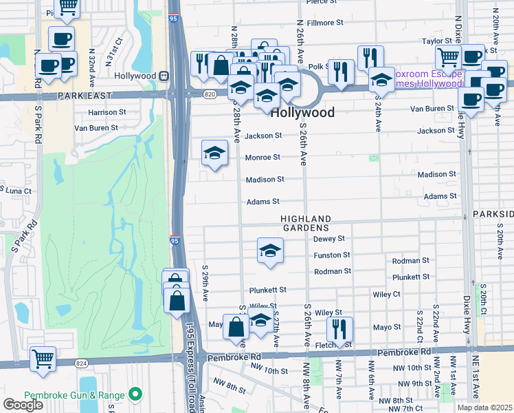 map of restaurants, bars, coffee shops, grocery stores, and more near 2726 Adams Street in Hollywood