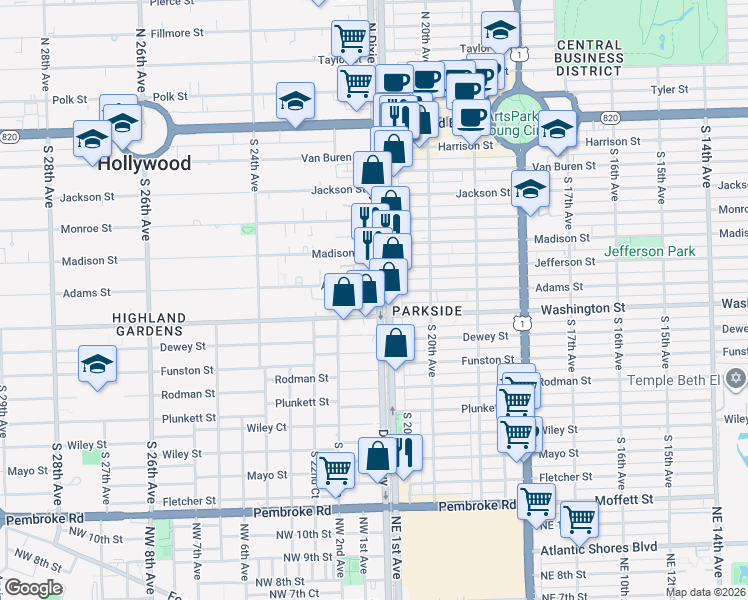 map of restaurants, bars, coffee shops, grocery stores, and more near 830 South Dixie Highway in Hollywood