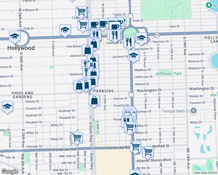 map of restaurants, bars, coffee shops, grocery stores, and more near in Hollywood