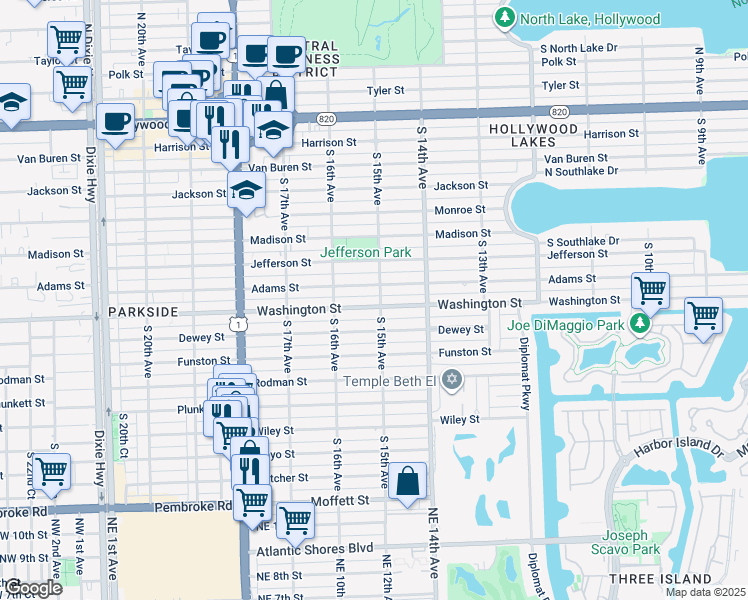 map of restaurants, bars, coffee shops, grocery stores, and more near 1510 Washington Street in Hollywood