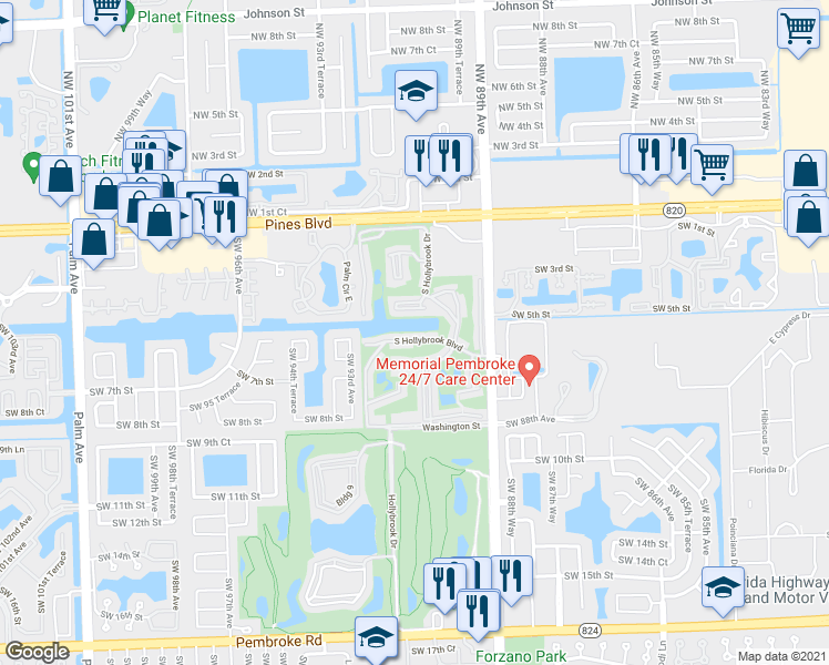 map of restaurants, bars, coffee shops, grocery stores, and more near 811 South Hollybrook Drive in Pembroke Pines
