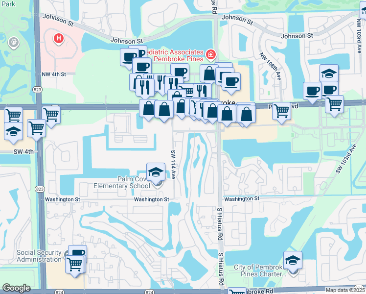 map of restaurants, bars, coffee shops, grocery stores, and more near 4585 Southwest 113th Way in Pembroke Pines