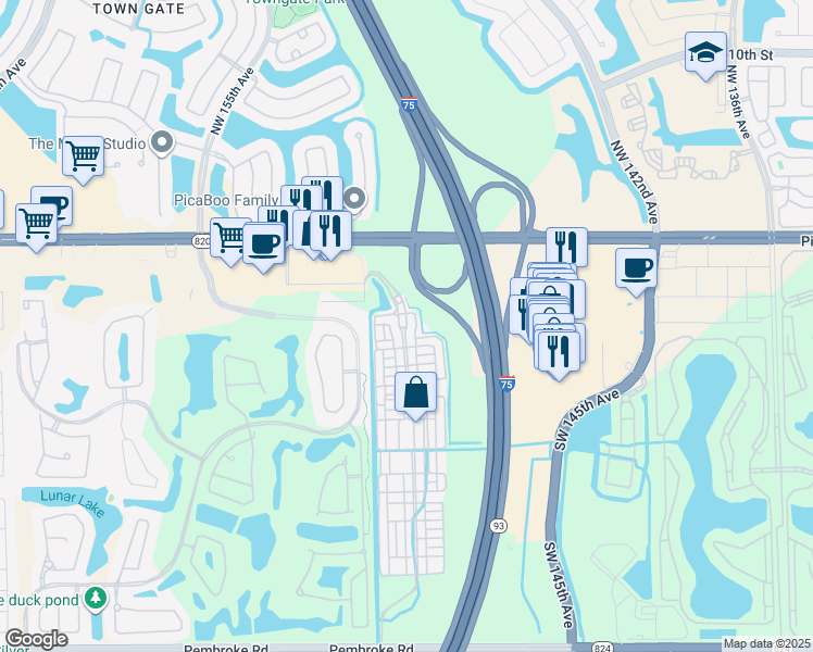 map of restaurants, bars, coffee shops, grocery stores, and more near 482 Southwest 148th Avenue in Pembroke Pines