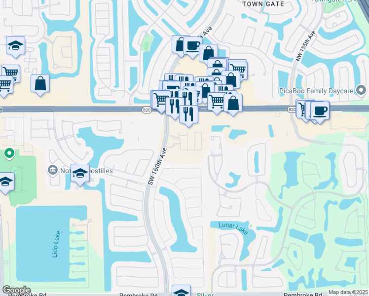 map of restaurants, bars, coffee shops, grocery stores, and more near 15989 Southwest 3rd Street in Pembroke Pines