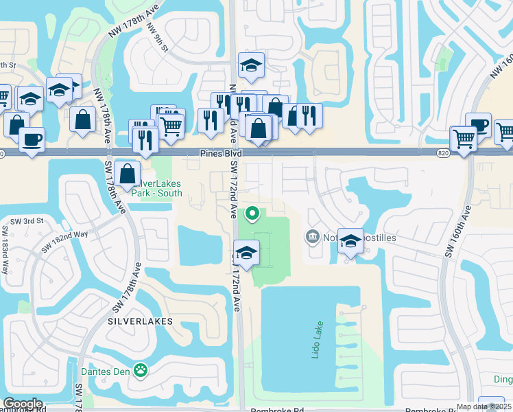 map of restaurants, bars, coffee shops, grocery stores, and more near 501 Southwest 172nd Avenue in Pembroke Pines