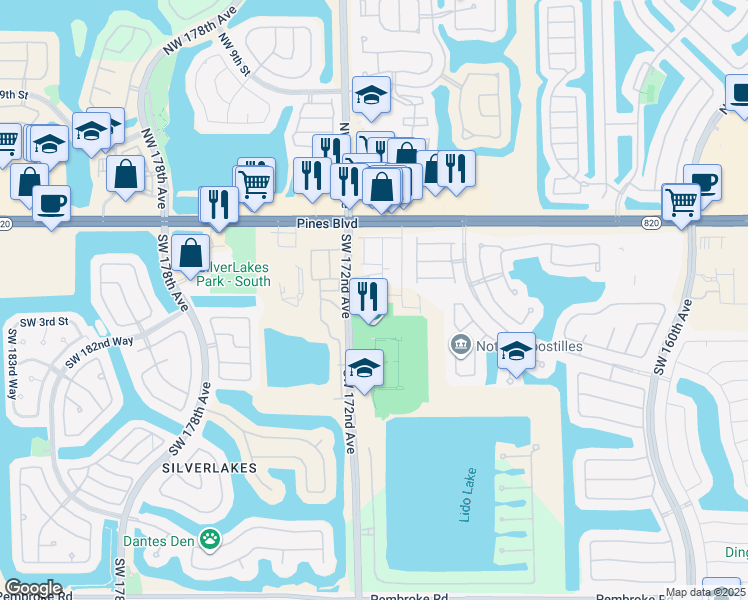 map of restaurants, bars, coffee shops, grocery stores, and more near 501 Southwest 172nd Avenue in Pembroke Pines