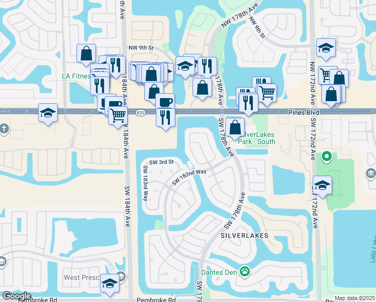 map of restaurants, bars, coffee shops, grocery stores, and more near 18239 Southwest 3rd Street in Pembroke Pines