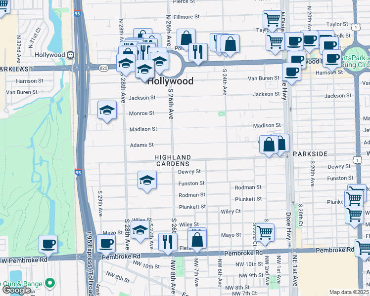 map of restaurants, bars, coffee shops, grocery stores, and more near 2541 Washington Street in Hollywood