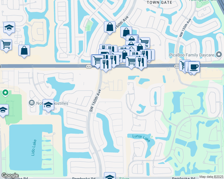 map of restaurants, bars, coffee shops, grocery stores, and more near 15989 Southwest 3rd Street in Pembroke Pines