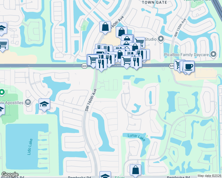 map of restaurants, bars, coffee shops, grocery stores, and more near 15961 Southwest 3rd Street in Pembroke Pines
