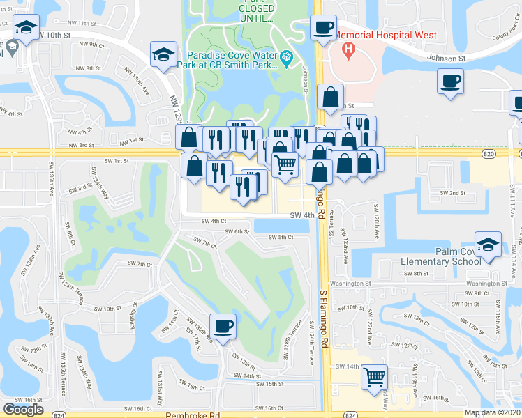 map of restaurants, bars, coffee shops, grocery stores, and more near 12590 Pines Boulevard in Pembroke Pines