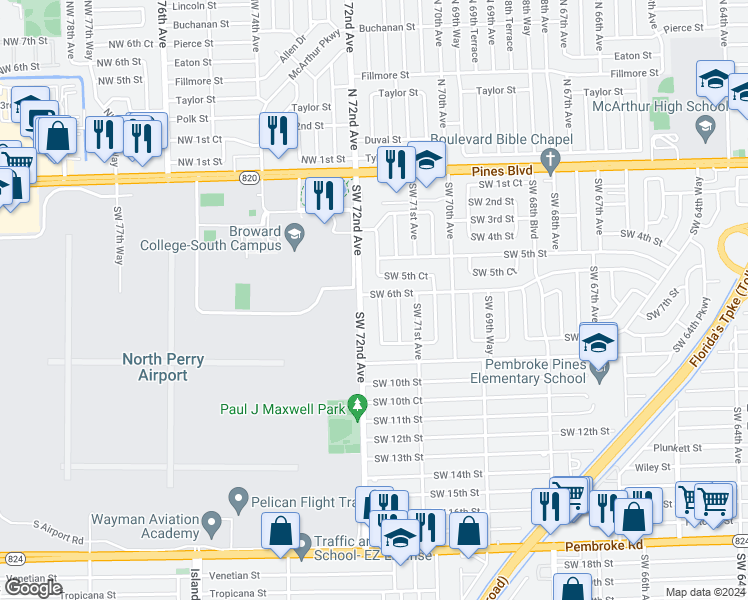 map of restaurants, bars, coffee shops, grocery stores, and more near 600 Southwest 71st Way in Pembroke Pines