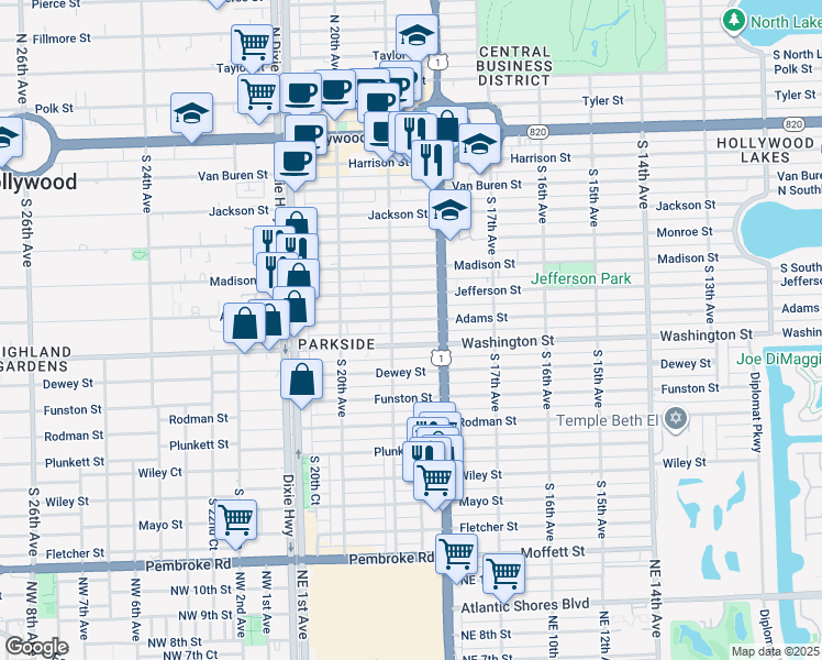 map of restaurants, bars, coffee shops, grocery stores, and more near 1838 Adams Street in Hollywood