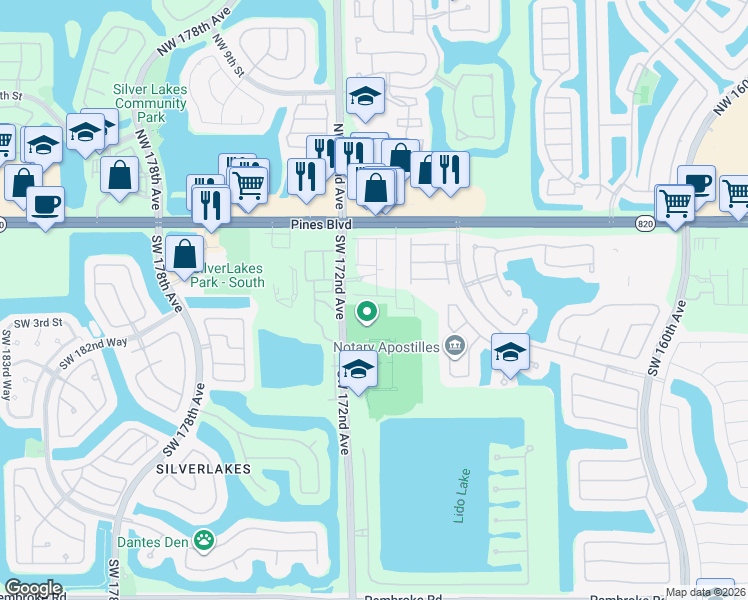 map of restaurants, bars, coffee shops, grocery stores, and more near 501 Southwest 172nd Avenue in Pembroke Pines