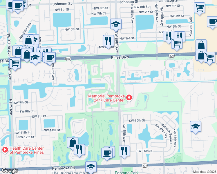 map of restaurants, bars, coffee shops, grocery stores, and more near 611 South Hollybrook Drive in Pembroke Pines