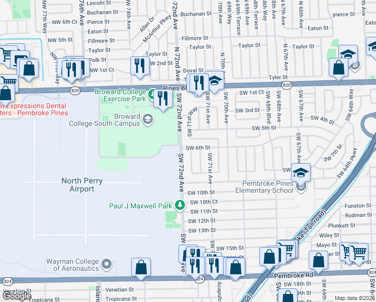 map of restaurants, bars, coffee shops, grocery stores, and more near 600 Southwest 71st Way in Pembroke Pines
