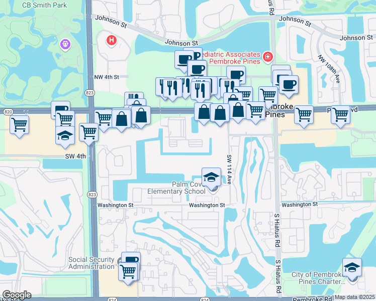 map of restaurants, bars, coffee shops, grocery stores, and more near 11650 Southwest 2nd Street in Pembroke Pines