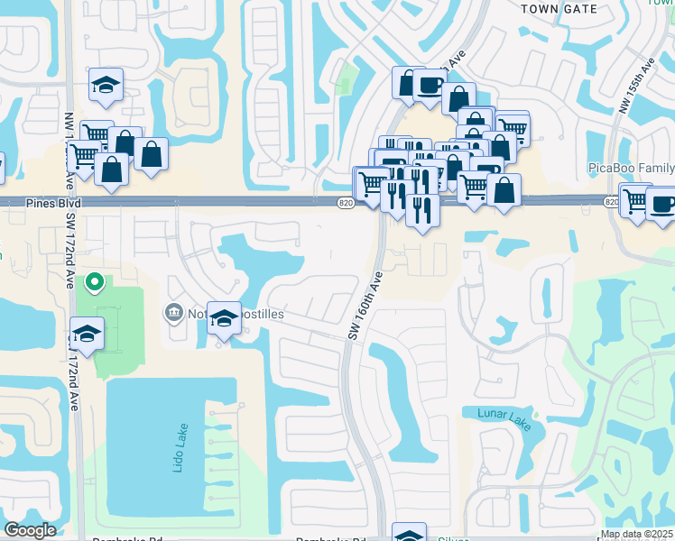 map of restaurants, bars, coffee shops, grocery stores, and more near 16173 Southwest 3rd Street in Pembroke Pines