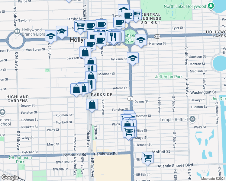 map of restaurants, bars, coffee shops, grocery stores, and more near 906 South 19th Avenue in Hollywood