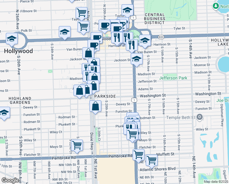 map of restaurants, bars, coffee shops, grocery stores, and more near 906 South 19th Avenue in Hollywood