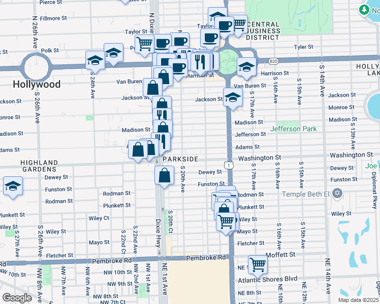 map of restaurants, bars, coffee shops, grocery stores, and more near 1948 Washington Street in Hollywood