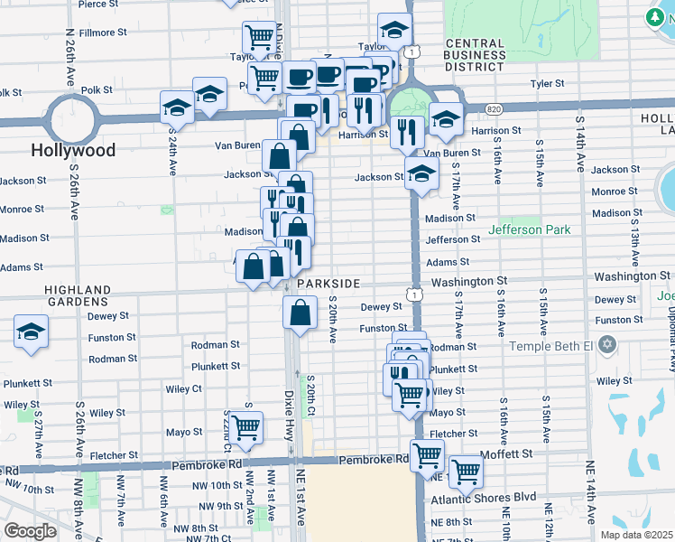 map of restaurants, bars, coffee shops, grocery stores, and more near 1948 Washington Street in Hollywood