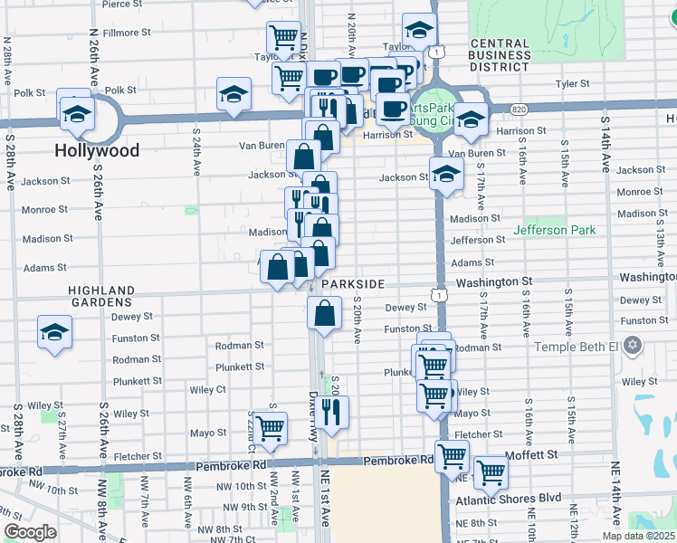 map of restaurants, bars, coffee shops, grocery stores, and more near 2037 Washington Street in Hollywood