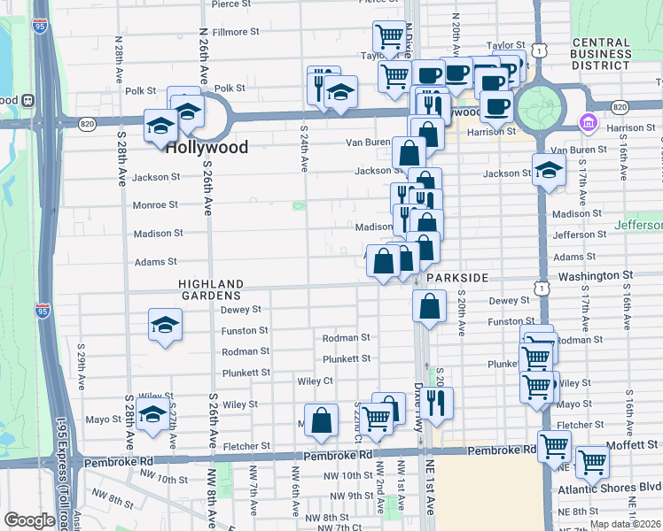 map of restaurants, bars, coffee shops, grocery stores, and more near 2247 Washington Street in Hollywood