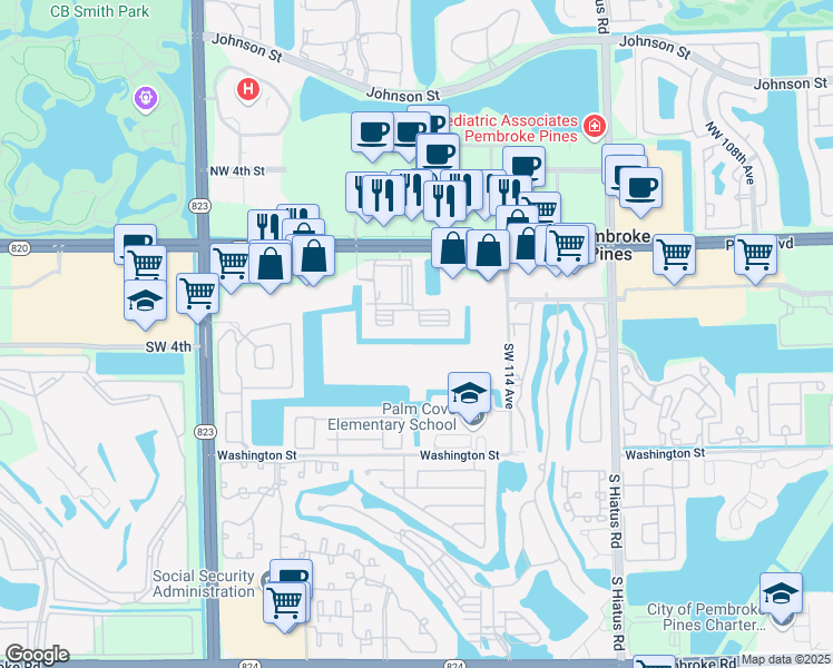 map of restaurants, bars, coffee shops, grocery stores, and more near 11650 Southwest 2nd Street in Pembroke Pines