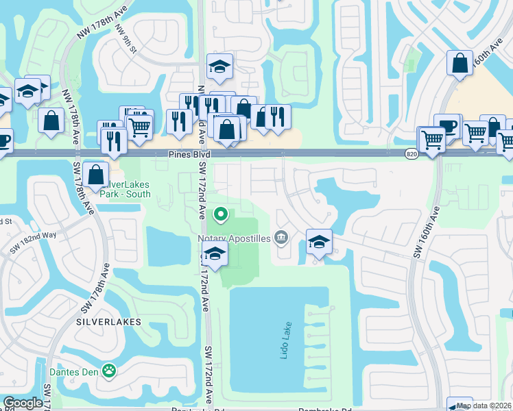 map of restaurants, bars, coffee shops, grocery stores, and more near 626 Southwest 168th Lane in Pembroke Pines