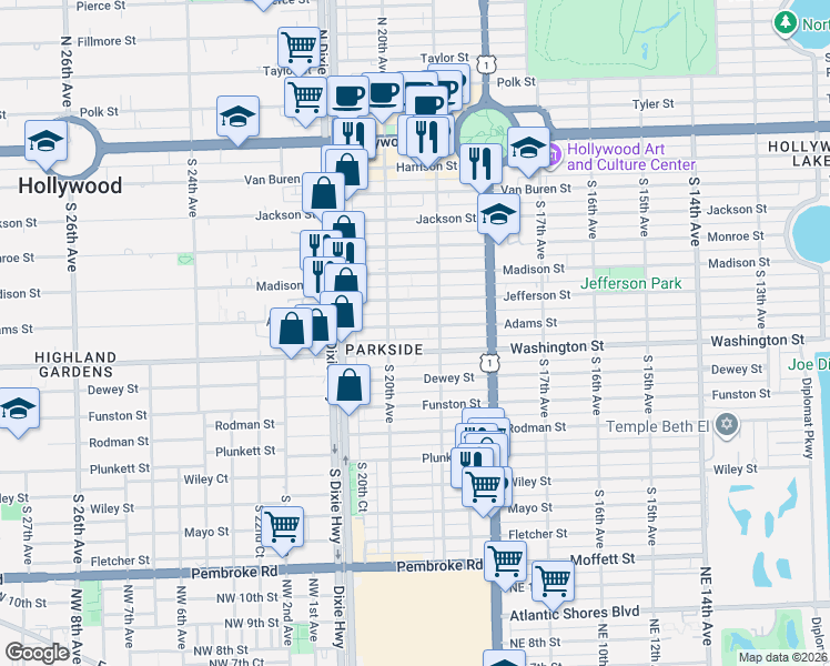 map of restaurants, bars, coffee shops, grocery stores, and more near in Hollywood
