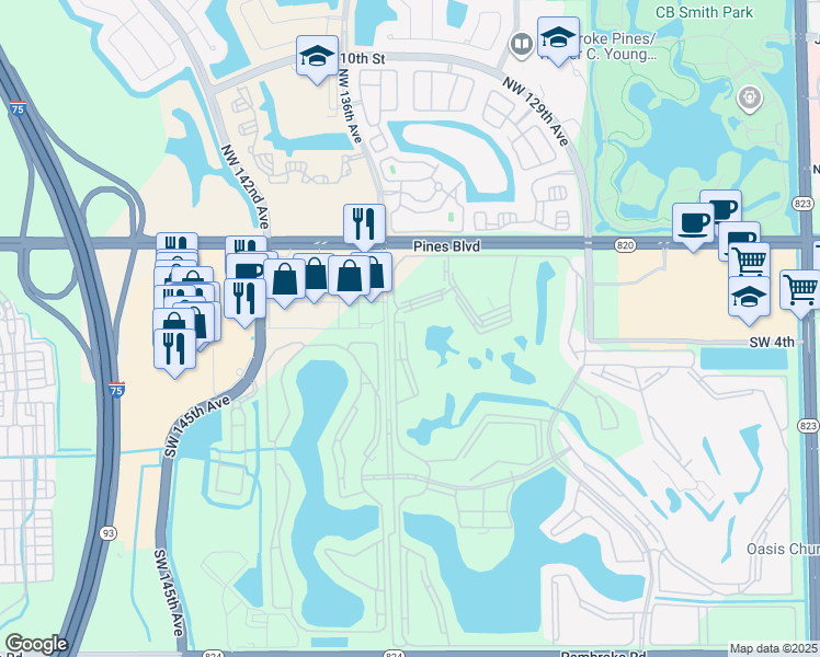 map of restaurants, bars, coffee shops, grocery stores, and more near 514 Southwest 135th Terrace in Pembroke Pines
