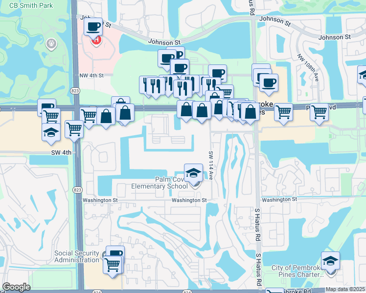 map of restaurants, bars, coffee shops, grocery stores, and more near 11600 Southwest 2nd Street in Pembroke Pines