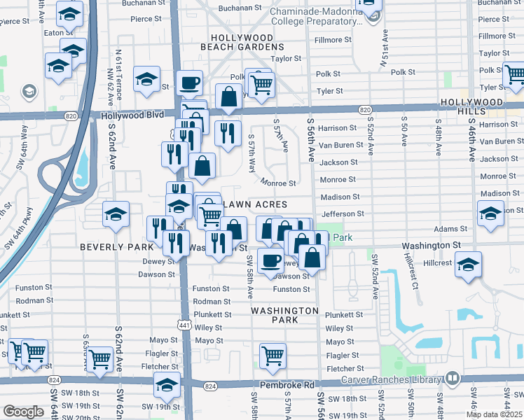 map of restaurants, bars, coffee shops, grocery stores, and more near 5706 Jefferson Street in Hollywood