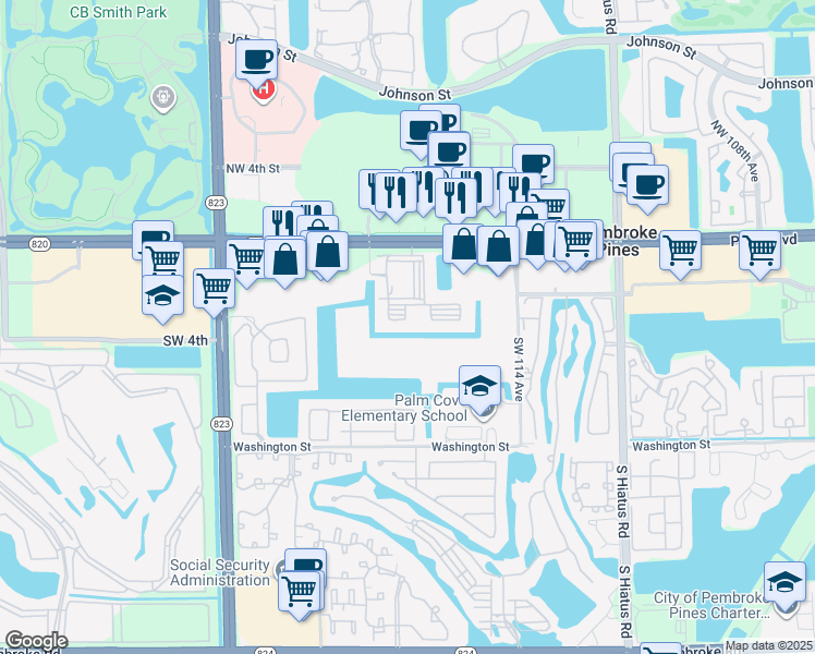map of restaurants, bars, coffee shops, grocery stores, and more near 11700 Southwest 2nd Street in Pembroke Pines