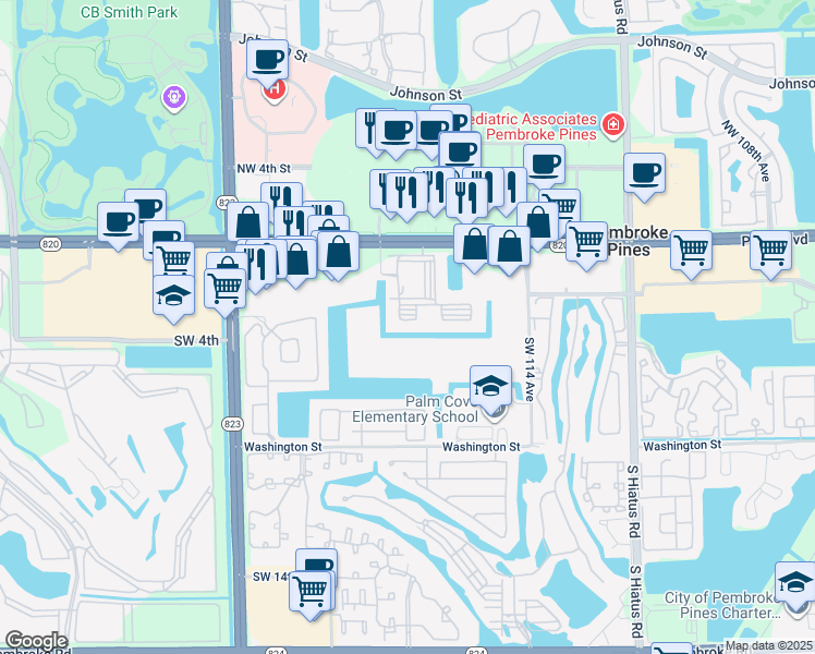 map of restaurants, bars, coffee shops, grocery stores, and more near 11730 Southwest 2nd Street in Pembroke Pines