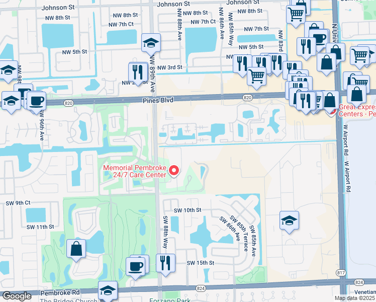 map of restaurants, bars, coffee shops, grocery stores, and more near 605 Southwest 88th Avenue in Pembroke Pines