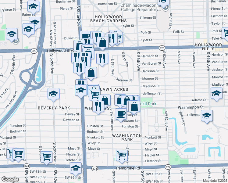 map of restaurants, bars, coffee shops, grocery stores, and more near 5745 Madison Street in Hollywood