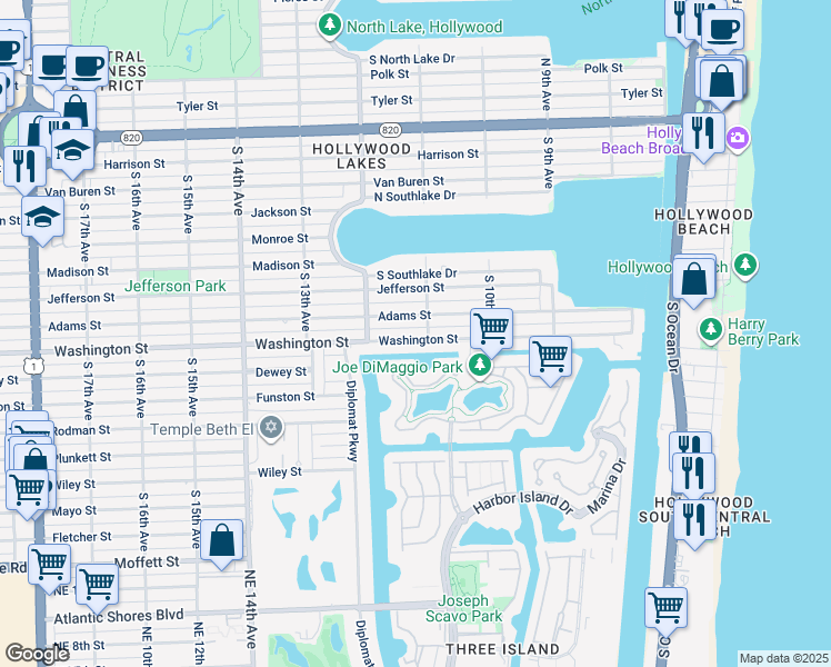 map of restaurants, bars, coffee shops, grocery stores, and more near 1117 Adams Street in Hollywood