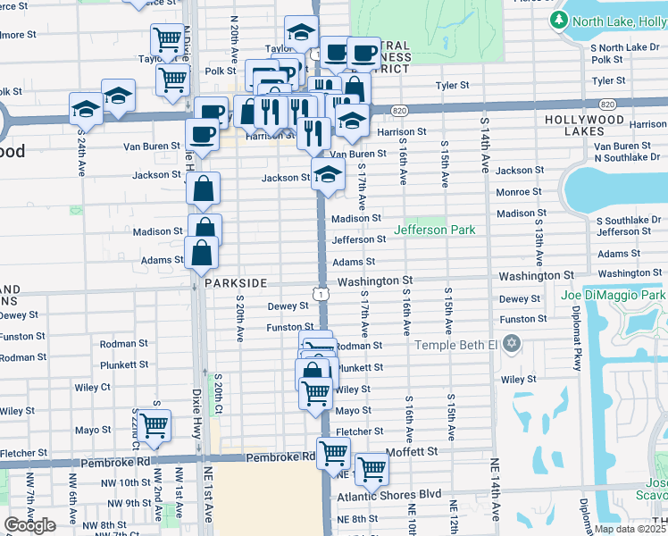 map of restaurants, bars, coffee shops, grocery stores, and more near 1736 Jefferson Street in Hollywood