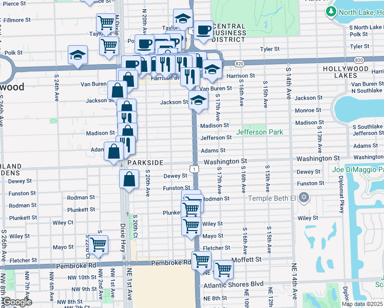 map of restaurants, bars, coffee shops, grocery stores, and more near 1811 Jefferson Street in Hollywood